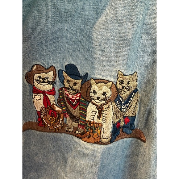 Vintage Lets Quizz Again Cowboy Cat Embroidered Denim Shirt Light Wash Medium - Picture 4 of 8